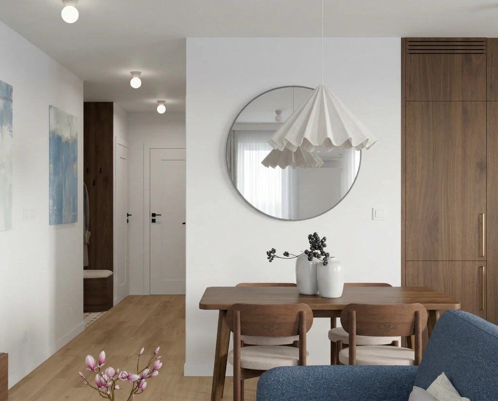 orzechowy stol i designerska lampa
